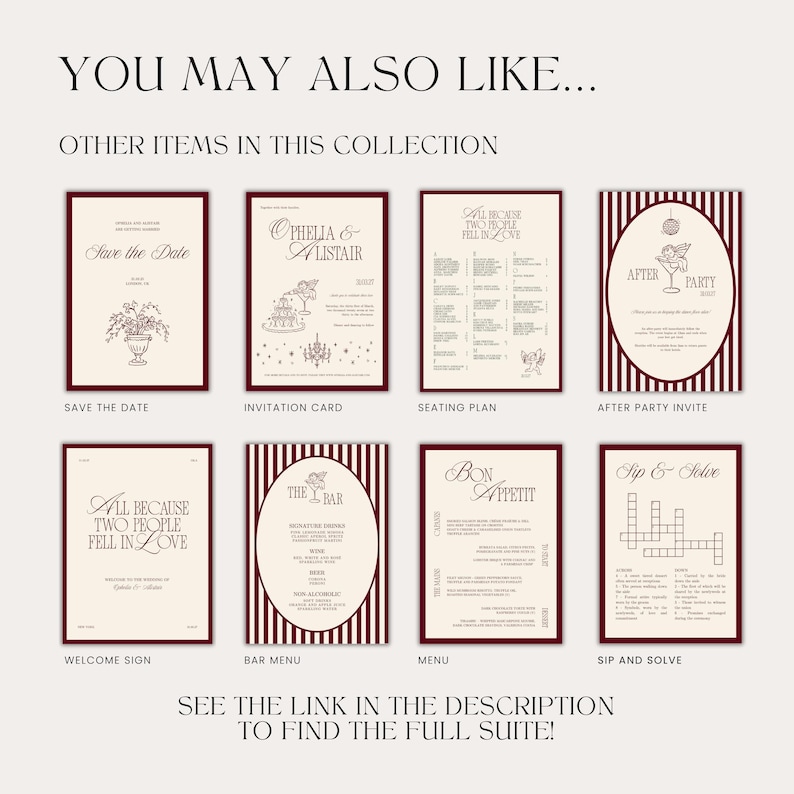 May include: A collection of wedding stationery items, including invitations, menus, and signage. Each piece features a cream background with burgundy accents and text. The set includes a save-the-date card, invitation, and bar menu.