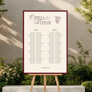 May include: A wedding seating chart on an easel. The sign has a cream background with a burgundy border. The names "Ophelia & Alistair" are at the top, with a small angel illustration. Two columns list guest names under "Table 1" and "Table 2".