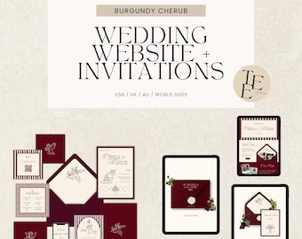 ウェディングウェブサイト + 招待状セット | Burgundy Cherub ウェブサイト、Save the Date、招待状セット (Canva、デジタルダウンロード) | 008