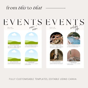 Editable events page from the wedding planner template featuring customizable text and images. Ideal for organizing pre-wedding events, dinner rehearsals, and ceremonies - the ultimate wedding day binder digital download!