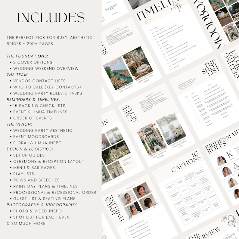 Best Wedding Planner Digital Printable - Comprehensive wedding planning kit with timelines, checklists, packing lists, floor plans, set-up guides, shot lists, contact info, and mood boards. Ideal for organising your wedding or as an engagement gift for a bride-to-be. Complete wedding binder.