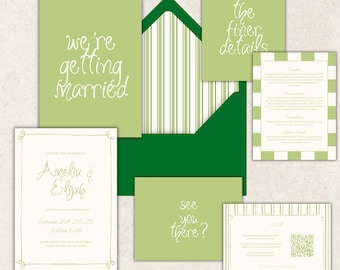 WEDDING INVITATION SUITE Template | Invite, Rsvp, Details & Envelope Liners | Handwritten Chartreuse, A5 5x7 | 007
