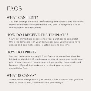 May include: A cream-colored document with the heading "FAQS" in a serif font. The text answers questions about editing, receiving, and printing a template, and explains what Canva is. The text is in a dark gray color.