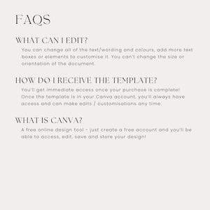 May include: A cream-colored page with the heading "FAQS" in a serif font. The text below answers questions about editing, receiving, and using a template, including the question "WHAT IS CANVA?"