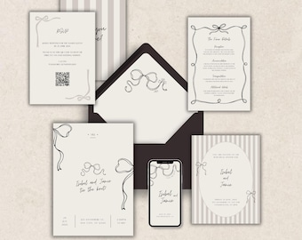 WEDDING INVITATION SUITE Template | Save the Date, Invite, Rsvp, Details Card & Envelope Liner | Beige Stripe Handdrawn Coquette Bow | 006