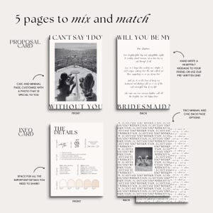May include: A collection of wedding stationery with a minimalist design. The set includes a proposal card with a photo, an info card with details, and cards with text. The color palette is neutral with beige and white tones.