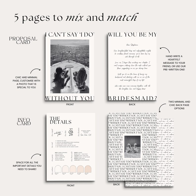 May include: A collection of wedding stationery with a minimalist design. The set includes a proposal card with a photo, an info card with details, and cards with text. The color palette is neutral with beige and white tones.