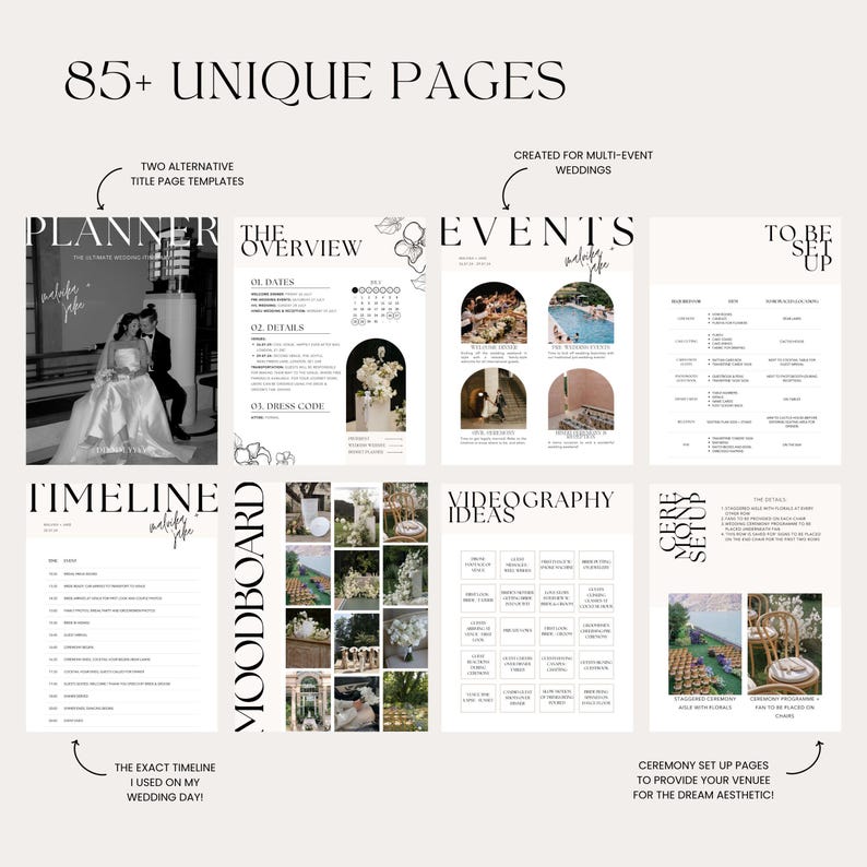 Ultimate wedding day binder designed for multi-event weddings. Features alternative title page templates, detailed event breakdowns, timeline templates, and space for customizable content. A stylish and easy-to-use Canva template for your wedding