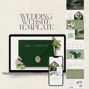 Puede incluir: Una plantilla de sitio web de bodas que se muestra en una computadora portátil y un teléfono inteligente. El diseño presenta un sobre verde oscuro con un sello de cera y el texto "Together is a beautiful place to be". Se muestra un diseño de sitio web a juego a la derecha.
