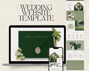 ウェディングウェブサイト + デジタルSave the Dateテンプレート | ボタニカルグリーンフローラル (Canva、デジタルダウンロード) | 001