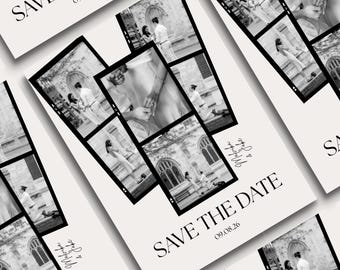 フィルムストリップ「SAVE THE DATE」テンプレート：モダンなフォトブース招待状（Canvaで編集可能、デジタルダウンロード）
