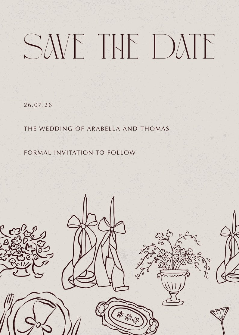 Whimsical hand-drawn save the date invitation featuring a romantic candlelit tablescape illustration and elegant serif fonts for a modern meets vintage vibe. Perfect for wedding invitations, rehearsal dinner, or the night before events.