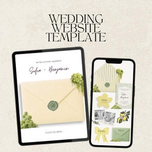 Op de afbeelding: Een digitale sjabloon voor een trouwwebsite weergegeven op een tablet en smartphone. De tablet toont een envelopontwerp met de namen "Sofia + Benjamin". De smartphone toont verschillende elementen met betrekking tot bruiloften, waaronder uitnodigingen en details.