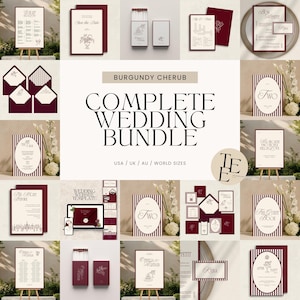 May include: A complete wedding bundle featuring burgundy and white stationery. Includes invitations, RSVP cards, seating charts, and more. The text includes "Save the Date", "Two", and "The Guest Book".