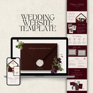 May include: A wedding website template displayed on a laptop and smartphone. The website design features a burgundy and cream color scheme with floral accents. Text includes "Wedding Website Template" and "All because two people fell in love."