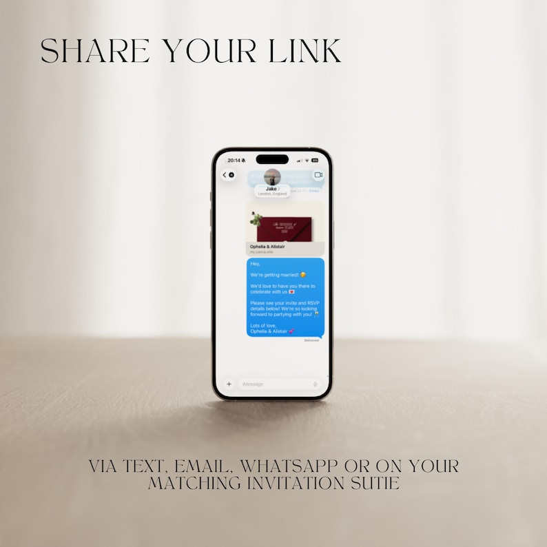 May include: A smartphone displaying a message conversation with the text "We're getting married!" and "Please see your invites and stitch details below!" The phone also displays the text "SHARE YOUR LINK VIA TEXT, EMAIL, WHATSAPP OR ON YOUR MATCHING INVITATION SUTIE."