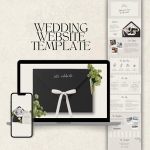 May include: A laptop and smartphone showcase a wedding website template. The design features a black envelope with a white ribbon and the words "Let's celebrate." The template includes sections for photos and event details.