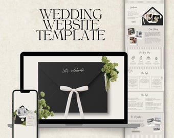 ウェディングウェブサイト + デジタルSave the Dateテンプレート | ベージュストライプリボン、詳細とRSVP（Canva、デジタルダウンロード） | 006