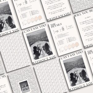 May include: A collection of wedding invitation cards with a minimalist design. The cards feature a black and white photograph of two people on a boat, along with text in a handwritten style. The color palette includes neutral tones.