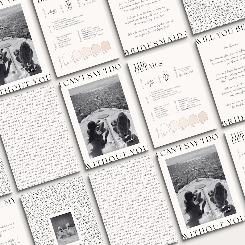 May include: A collection of wedding invitation cards with a minimalist design. The cards feature a black and white photograph of two people on a boat, along with text in a handwritten style. The color palette includes neutral tones.