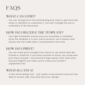 May include: A cream-colored document with the heading "FAQS" in a serif font. The text answers questions about editing, receiving, and printing a template, and explains what Canva is. The text is in a dark gray color.