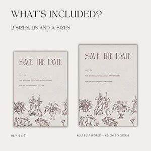 When you purchase this whimsical illustrated save the date invitation template, you receive the US size (5 x 7 inches) and the EU / WORLD size (A5) for use