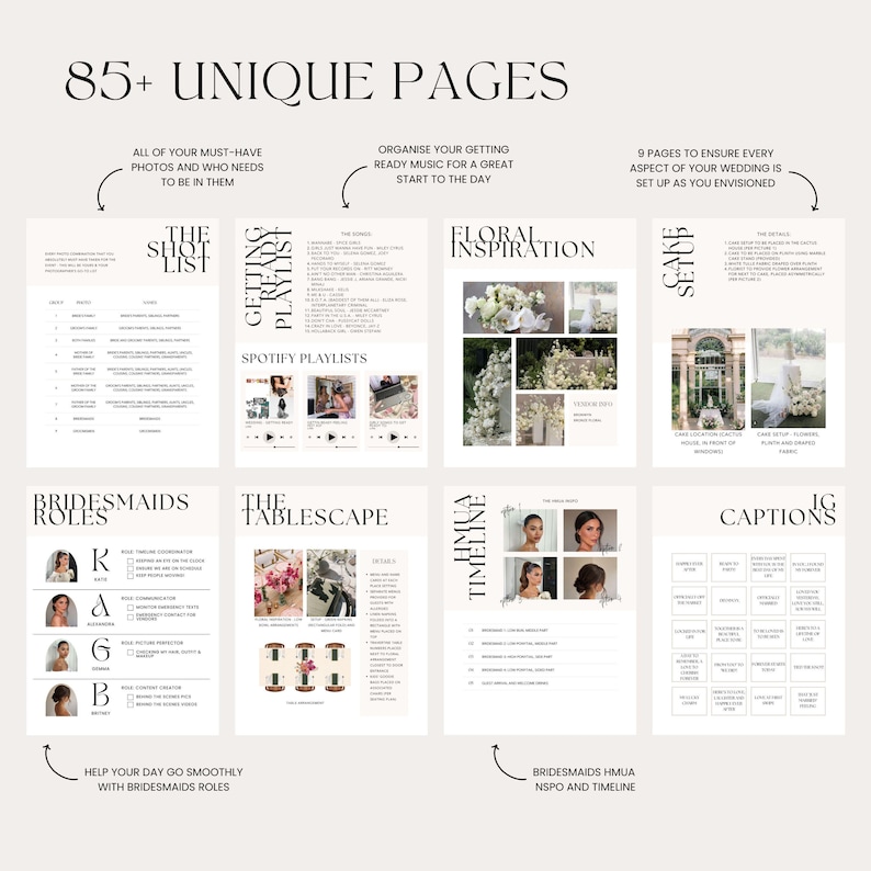 Ultimate wedding day binder designed for multi-event weddings. Features alternative title page templates, detailed event breakdowns, timeline templates, and space for customizable content. A stylish and easy-to-use Canva template for your wedding