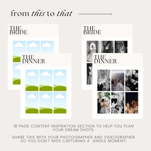 Elegant wedding day binder digital download template, including mood boards for essential moments like 'The Bride' and 'The Dinner'. With this template, easily map out the perfect shot list to share with your photographer or videographer
