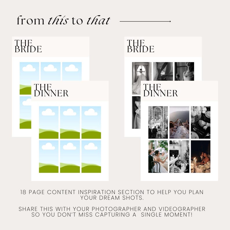 Elegant wedding day binder digital download template, including mood boards for essential moments like 'The Bride' and 'The Dinner'. With this template, easily map out the perfect shot list to share with your photographer or videographer