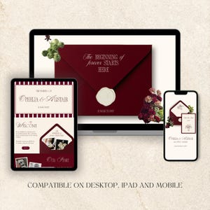 May include: A digital wedding invitation design displayed on a laptop, tablet, and smartphone. The design features a burgundy envelope with the text "The Beginning of Forever Starts Here." The tablet displays the wedding details for Ophelia & Alistair.