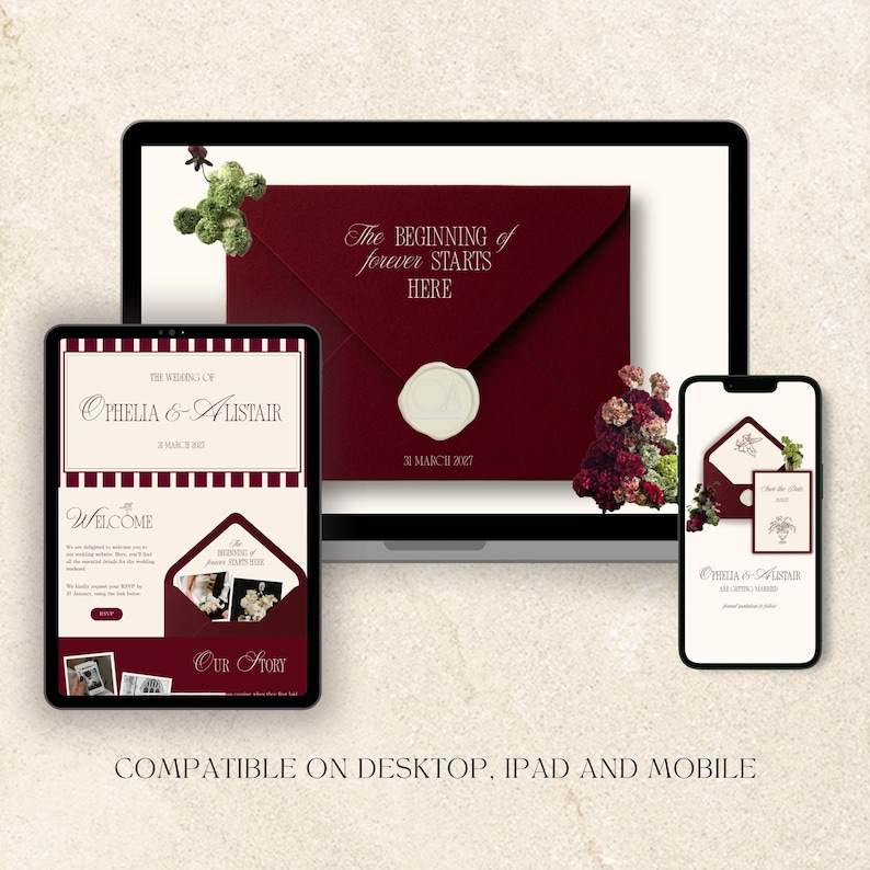 May include: A digital wedding invitation design displayed on a laptop, tablet, and smartphone. The design features a burgundy envelope with the text "The Beginning of Forever Starts Here." The tablet displays the wedding details for Ophelia & Alistair.