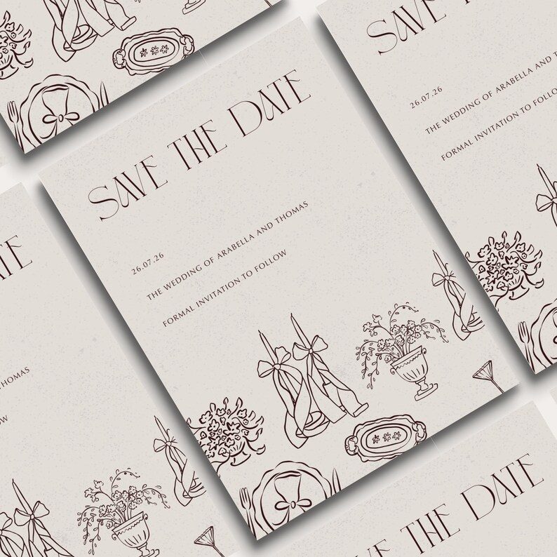 Whimsical hand-drawn save the date invitation featuring a romantic candlelit tablescape illustration and elegant serif fonts for a modern meets vintage vibe. Perfect for wedding invitations, rehearsal dinner, or the night before events.