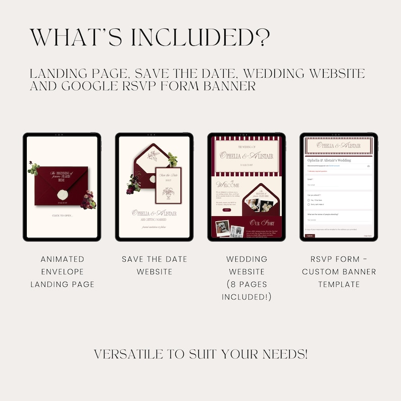 May include: A digital wedding package displayed on tablets, showcasing an animated envelope landing page, save the date website, wedding website, and RSVP form. The design features burgundy and cream colors with floral accents. Text includes "What's Included?" and "Versatile to Suit Your Needs!"