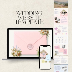 May include: A wedding website template displayed on a laptop and smartphone. The laptop screen shows a pink envelope design with a wax seal. The smartphone displays a similar design. The words "Wedding Website Template" are at the top.