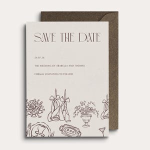 Whimsical hand-drawn save the date invitation featuring a romantic candlelit tablescape illustration and elegant serif fonts for a modern meets vintage vibe. Perfect for wedding invitations, rehearsal dinner, or the night before events.