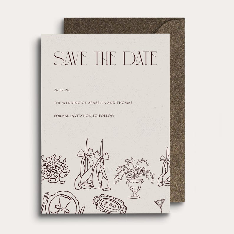Whimsical hand-drawn save the date invitation featuring a romantic candlelit tablescape illustration and elegant serif fonts for a modern meets vintage vibe. Perfect for wedding invitations, rehearsal dinner, or the night before events.