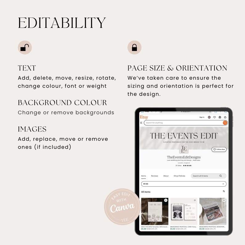 Instructional graphic showing which elements of the invitation template can be edited. Text, background colour, fonts and images can all be changed, but font size and orientation is fixed.