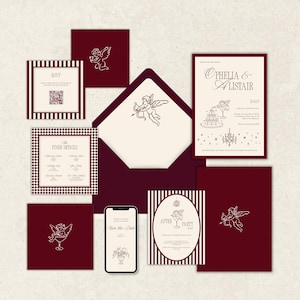 Puede incluir: Un conjunto de papelería de boda burdeos y crema, que incluye invitaciones, tarjetas de confirmación de asistencia y un sobre. Los diseños presentan una ilustración de cupido y varios patrones, como rayas y un patrón de diamantes. Un teléfono inteligente muestra una tarjeta "Save the Date".