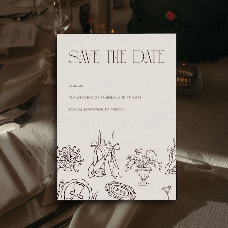 Whimsical hand-drawn save the date invitation featuring a romantic candlelit tablescape illustration and elegant serif fonts for a modern meets vintage vibe. Perfect for wedding invitations, rehearsal dinner, or the night before events. Background picture behind the invite is a shot of a dressed wedding table.