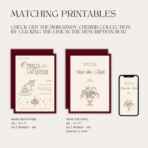May include: Burgundy and cream wedding invitation suite with matching printables. The invitation and save-the-date cards feature elegant script and illustrations. The text reads "Ophelia & Alistair" and "Save the Date". A smartphone displays the save-the-date design.