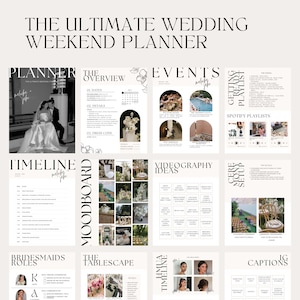 Comprehensive wedding weekend planner template, perfect for organizing all details of your big day. Includes pages for event overviews, timeline creation, mood boards, videography ideas, and ceremony setup