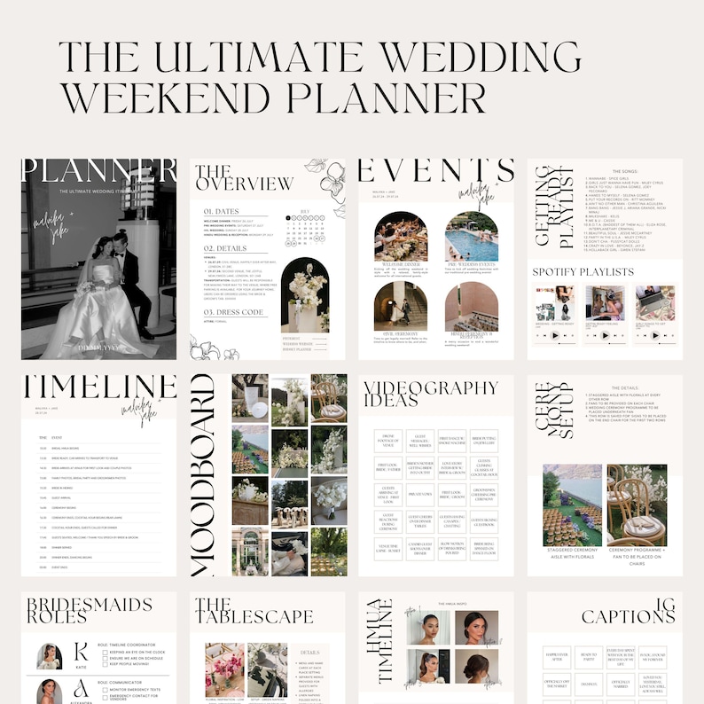 Comprehensive wedding weekend planner template, perfect for organizing all details of your big day. Includes pages for event overviews, timeline creation, mood boards, videography ideas, and ceremony setup