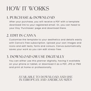 May include: A cream-colored graphic with the text "HOW IT WORKS" at the top. The text describes the steps to purchase, download, edit, and use a digital planner. The planner is available in European and American sizes.