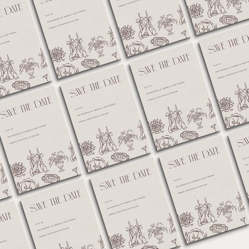Whimsical hand-drawn save the date invitation featuring a romantic candlelit tablescape illustration and elegant serif fonts for a modern meets vintage vibe. Perfect for wedding invitations, rehearsal dinner, or the night before events.