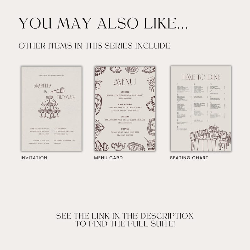 This whimsical illustrated save the date card is part of a wider matching invitation suite - perfect for weddings, birthday parties and dinner parties! You can find matching items in The Events Edit Designs shop, including invitation cards, menu card templates and seating plans to meet every stationery need for your big day!