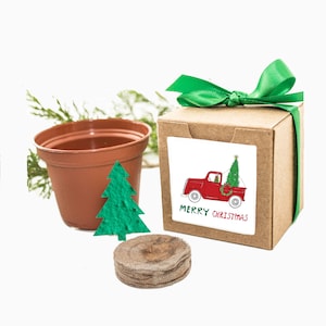 May include: A brown cardboard box with a green ribbon tied around it. The box has a sticker on it that says "Merry Christmas" and depicts a red truck carrying a Christmas tree. The box is sitting on a white surface next to a small brown pot, a green paper Christmas tree, and a stack of brown seed starter discs.