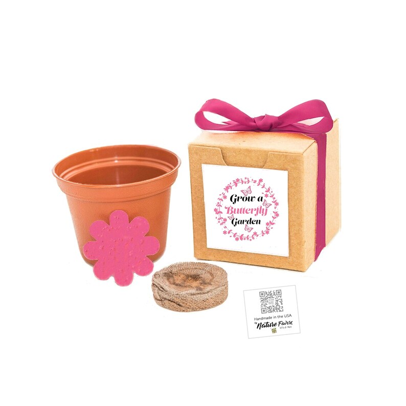 Small butterfly themed gift with flower seeds to grow a butterfly attracting flower garden at home.  Indoor outdoor seed starter kit.  A unique gift idea for all ages.