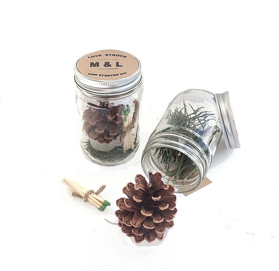 Pine Cone Fire Starter Kits Personalized Wedding & Bridal Shower Favor - Natural Pine Cone Wedding Table Decorations - Vintage Clear Jars Il_570xn