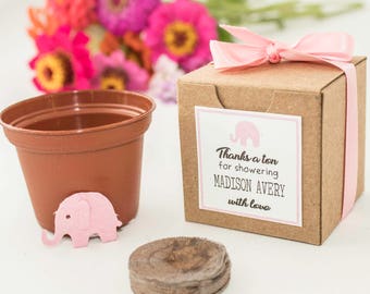 Elephant Baby Shower Favors Personalized for Girls or Boys - Plantable Seed Paper Elephants in pink, blue, or unknown gender baby showers