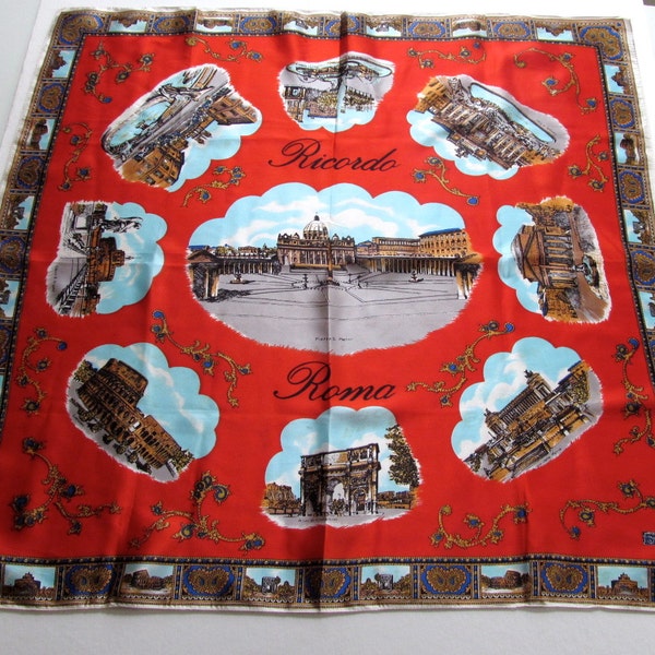 Vintage Souvenir of Rome Scarf, Roma, Print Scarf, Square, Large, Satin, Red, Italy, Famous Landmarks, Head Scarf, Tourist, Vacation